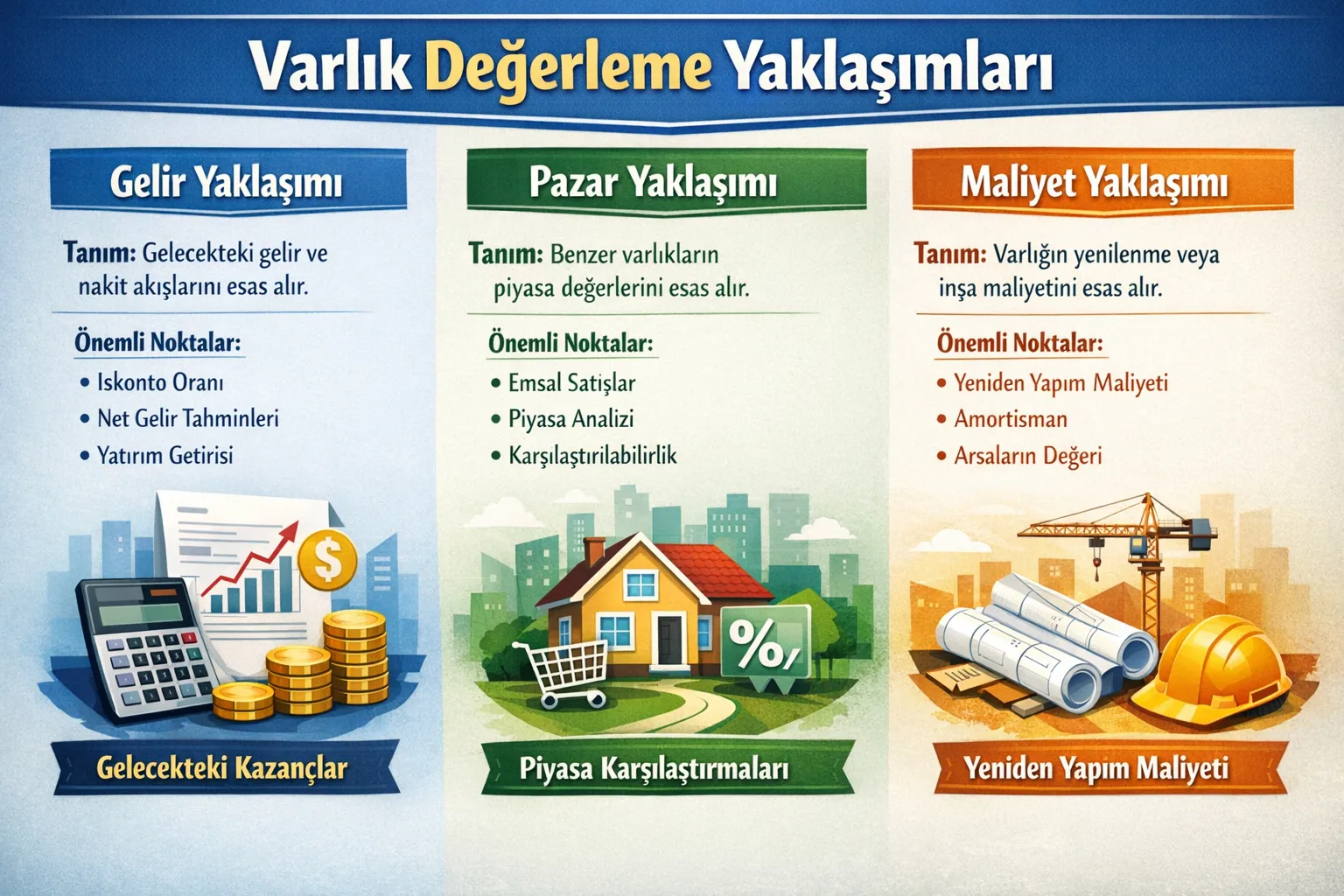 Varlık Değerleme Yaklaşımları: Gelir Yaklaşımı, Pazar Yaklaşımı ve Maliyet Yaklaşımı (Formüller, Veri Kaynakları, Emsaller, Algoritma)